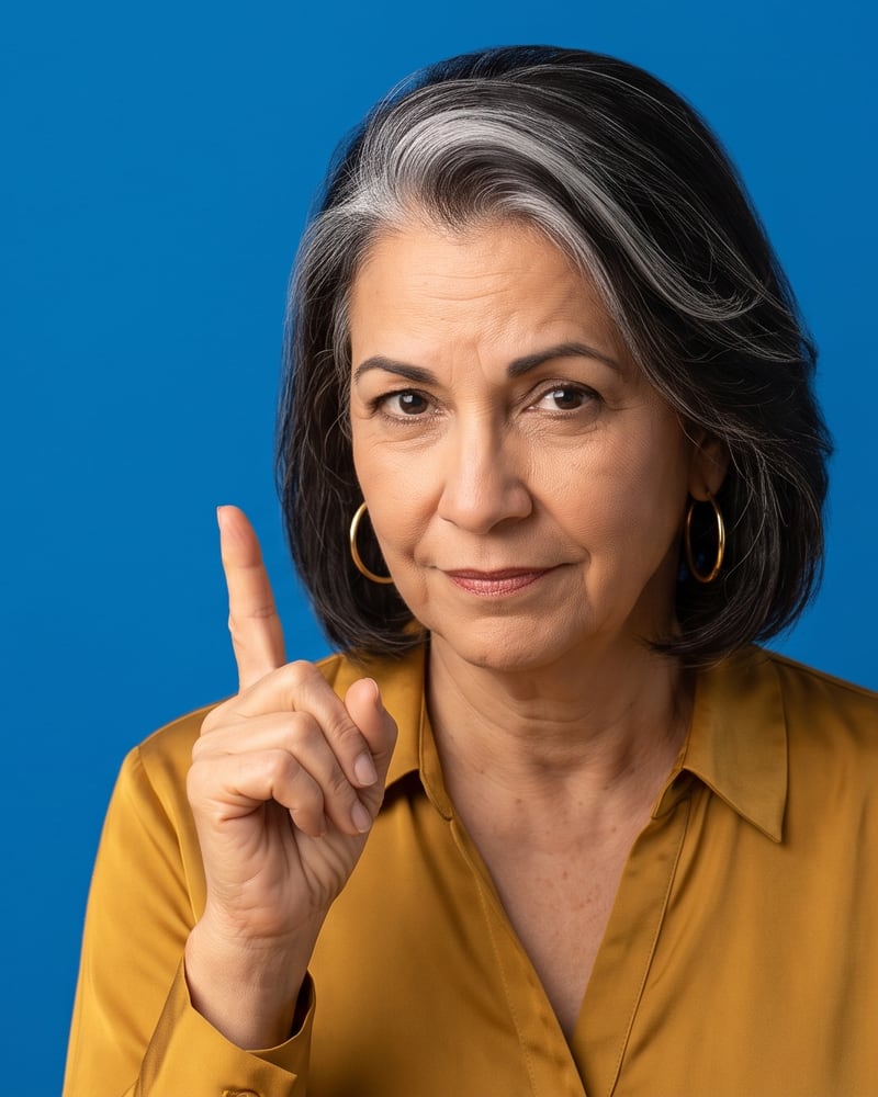 Mirta, a Cuban-American woman in her sixties in a mustard blouse, one finger raised.