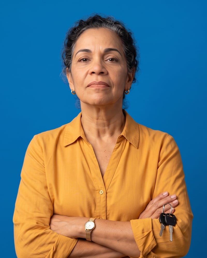 Nereida, arms crossed, in a marigold blouse, unconvinced.
