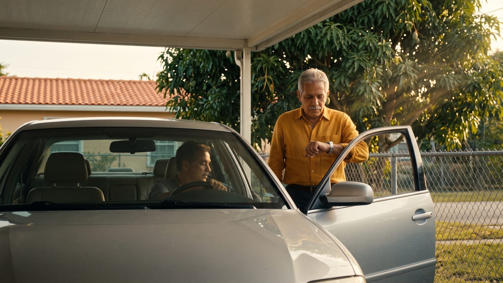 Rolo at his carport by the car door, about to drive to Magic City.