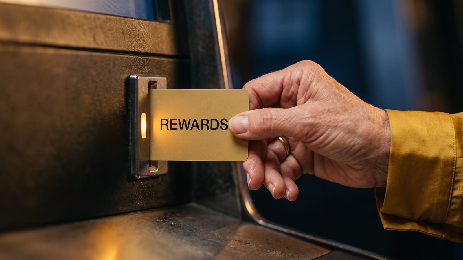 A hand in a mustard sleeve sliding a gold Rewards card into a reader.