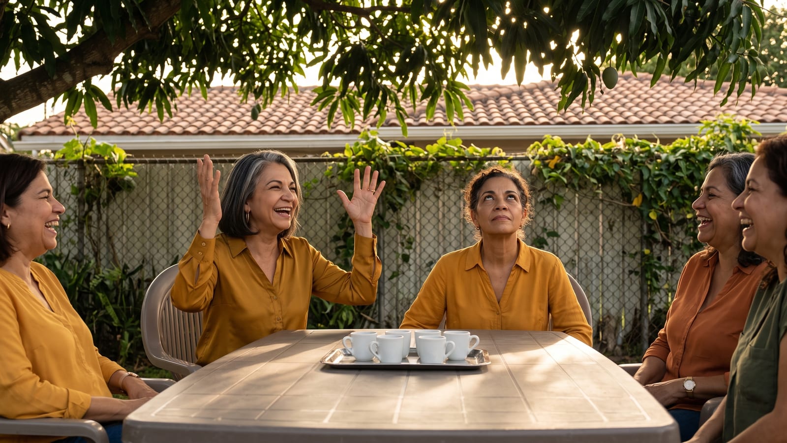 Mirta and her friends laughing around her backyard table under a mango tree, where each episode is told.