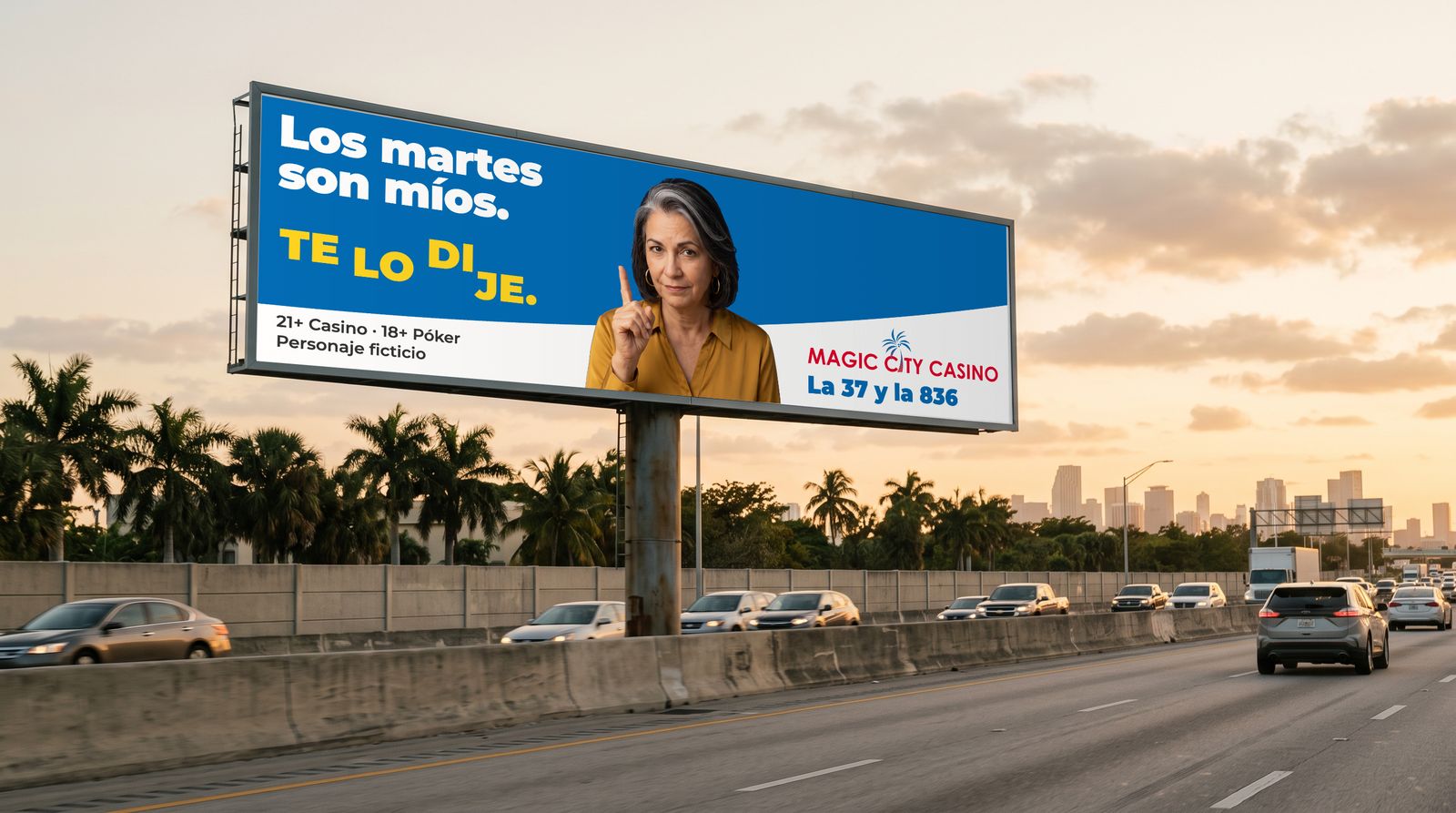The Spanish Mirta billboard shown on a highway bulletin at golden hour.