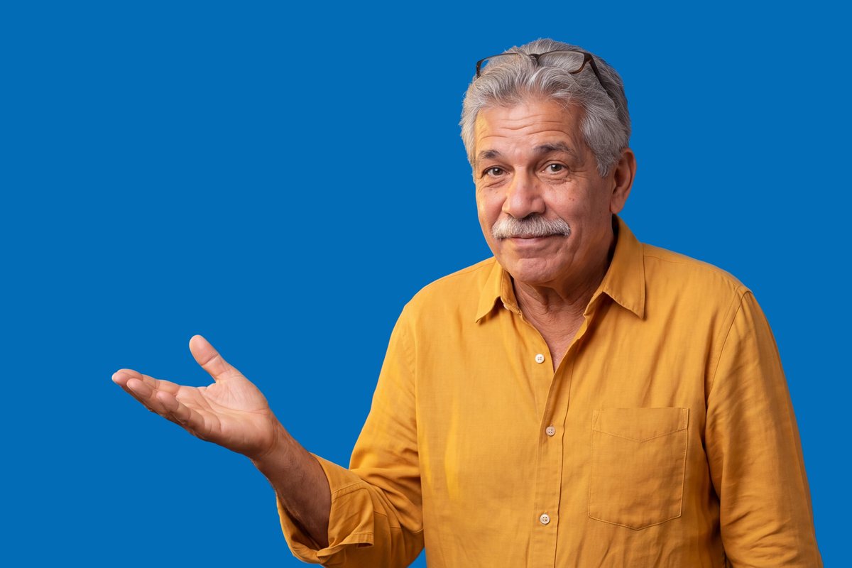 Rolo, palm up, half smiling.