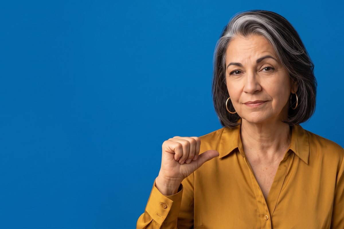 Mirta, her thumb pointing to herself, claiming her Tuesdays.